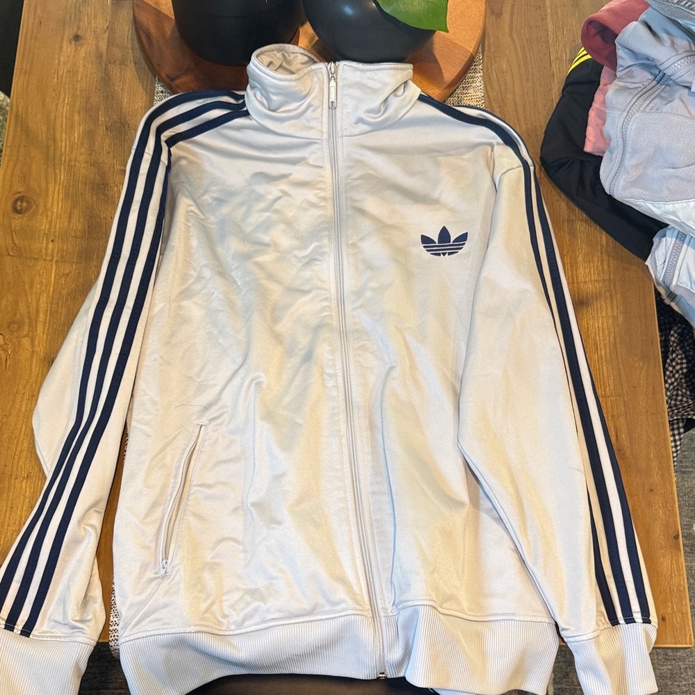 Adidas White Jacket with Dark Blue Stripes